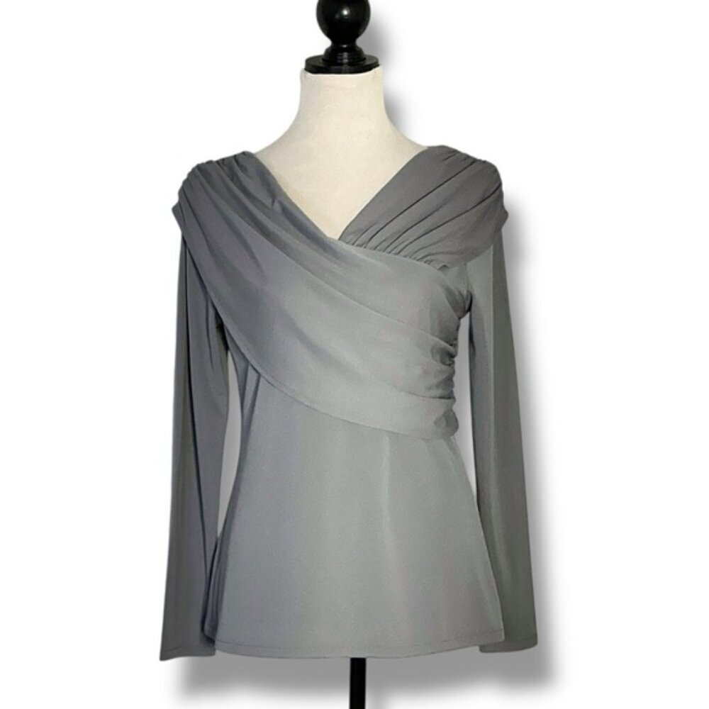 Ann Taylor Top Draped Cross Over Ruched Sleek Stretchy Gray Women's Medium - Picture 2 of 16